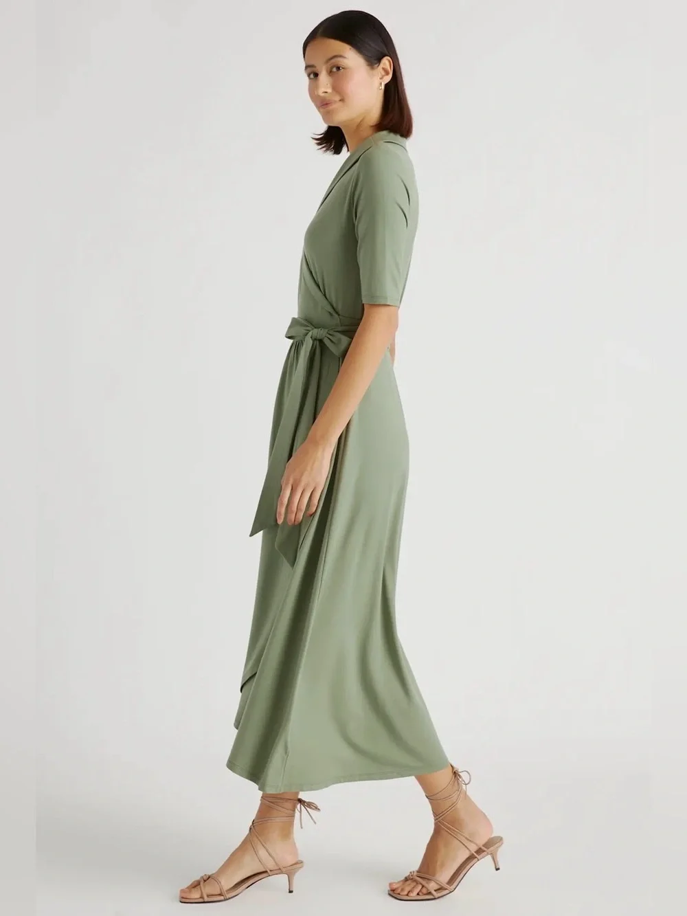 QUINCE Tencel Jersey Midi Wrap Dress Sage Green L - Picture 2 of 10